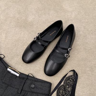 Sheepskin Version of Grape Mother, the Same Round Head Double Buckle Belt Mary Jane Shoes, Women's Commuting Low-heeled Flat-soled Single Shoes, Genui