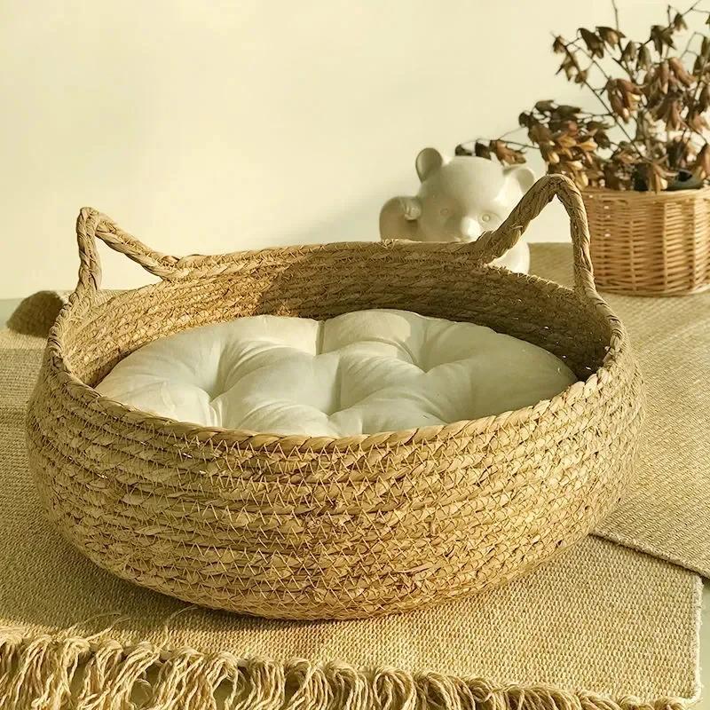

Pure hand-woven rattan cat nest four seasons universal warm pad removable washable winter pet supplies 35cm