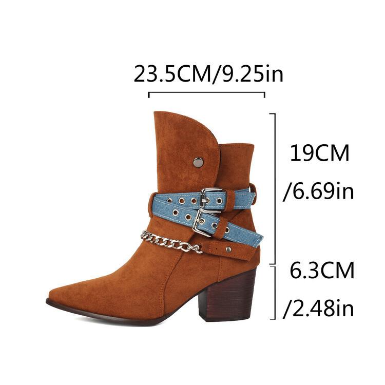 Large size casual matte leather boots high-top buckle slip-up men's boots fashion personalized chain square head leather shoes