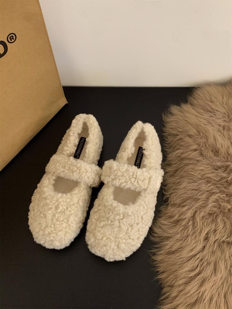 Flat-bottomed Versatile Mary Jane Lamb Wool Shoes Women's Shoes Wear 2025 New Autumn and Winter Velvet Cotton Shoes Single Shoes