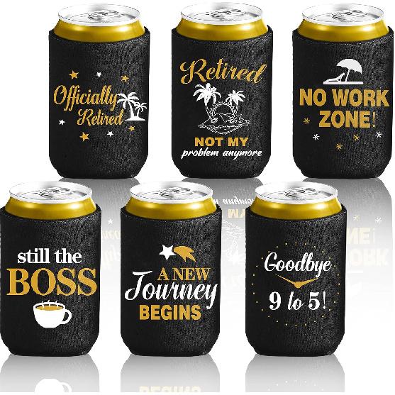 Baderke 6 Pieces Retirement Gifts Beverage Can Sleeves Funny Retirement Beer Can Sleeve Collapsible Neoprene Sleeve Beer Bottle Beverage Cooler for