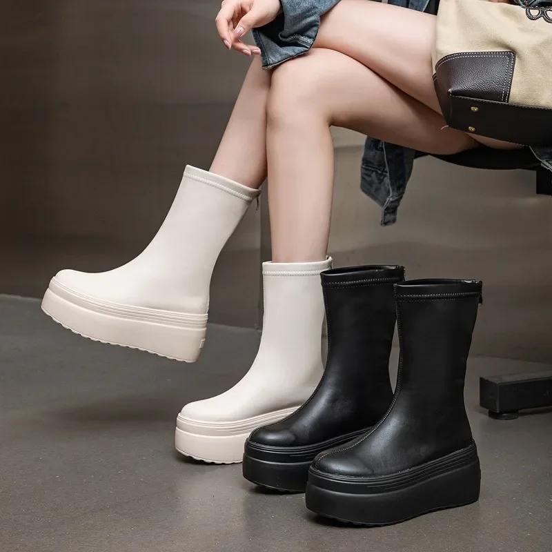 Fashion 8CM 2025 Microfiber Leather Women Vulcanized High Heels White Shoes ZIP Increase Casual Ankle Boots Platform Wedge Shoes
