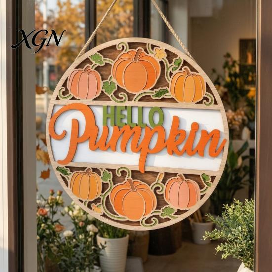 Indoor Outdoor Seasonal Decoration Autumn Harvest Wooden Wreath Pendant, Front Door Hanging Ornaments with Hemp Rope, Natural Wood Sign Pumpkins Maple