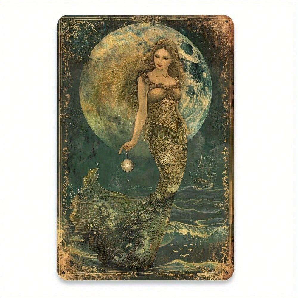 Vintage Mermaid Metal Tin Sign Red Hair Ocean Waves Bedroom Decor 20x30cm