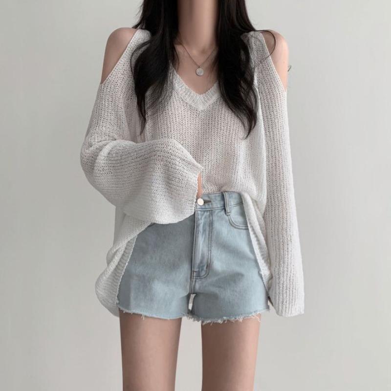 Chic Loose V-neck Off Shoulder Casual Knitted Pullovers Women Summer Thin Long Sleeve Knitwear Women Solid Elegant Fashion Sweater Woman Clothes 26587