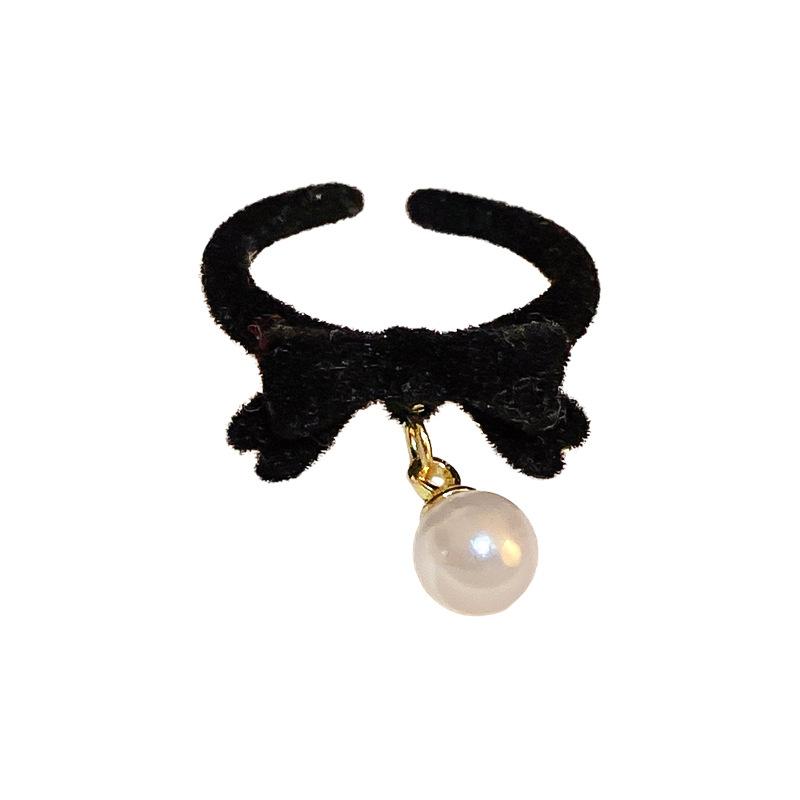 Winter Flocking Design Pearl Bowknot Rings for Women Fashion Exquisite Opening Finger Ring Sweet Christmas Jewelry Accessories
