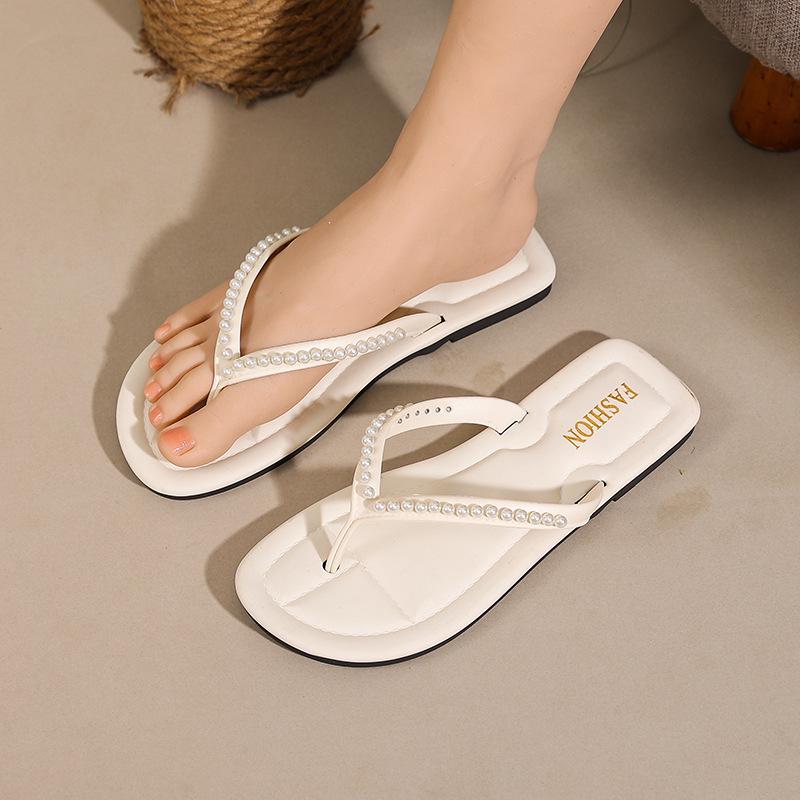 Damsommar Pärl Strass Flip-flops - Ny 2028 Rund Tå Halkfria Platta Svala Tofflor