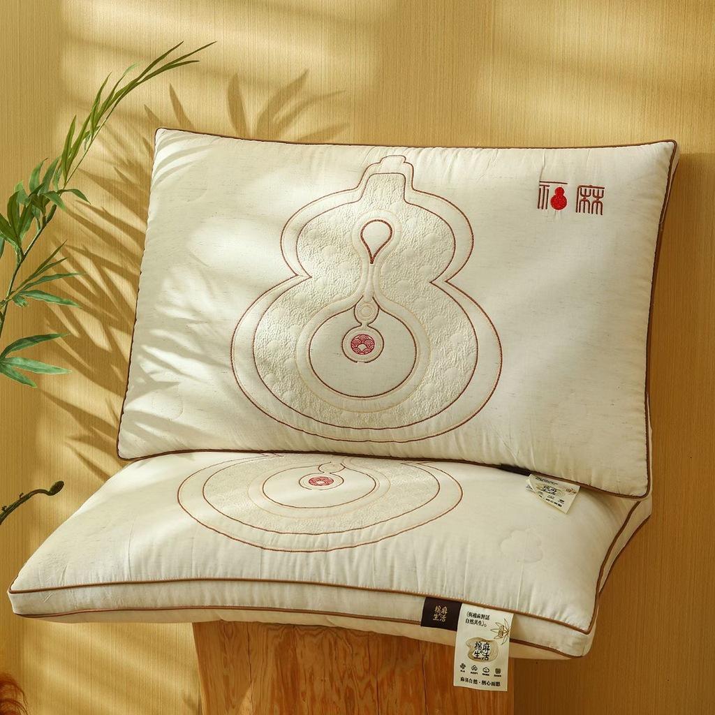 Gourd Pattern Cotton Linen Neck Pillow - Comfortable, Breathable, Pure White, Rectangular Low Pillow for All Seasons