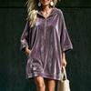 Autumn Winter Velvet Hooded Dress Half Zip 3/4 Sleeve Pocket Long Sweatshirt Dress Women Casual Hoodie Midi Dress