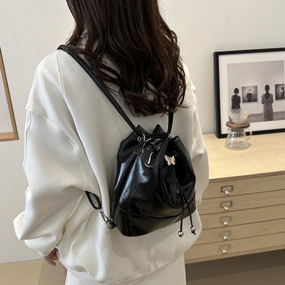 Large Capacity Drawstring Bucket Bag Preppy Style Shoulder Bag PU Bowknot Backpack  Shopping