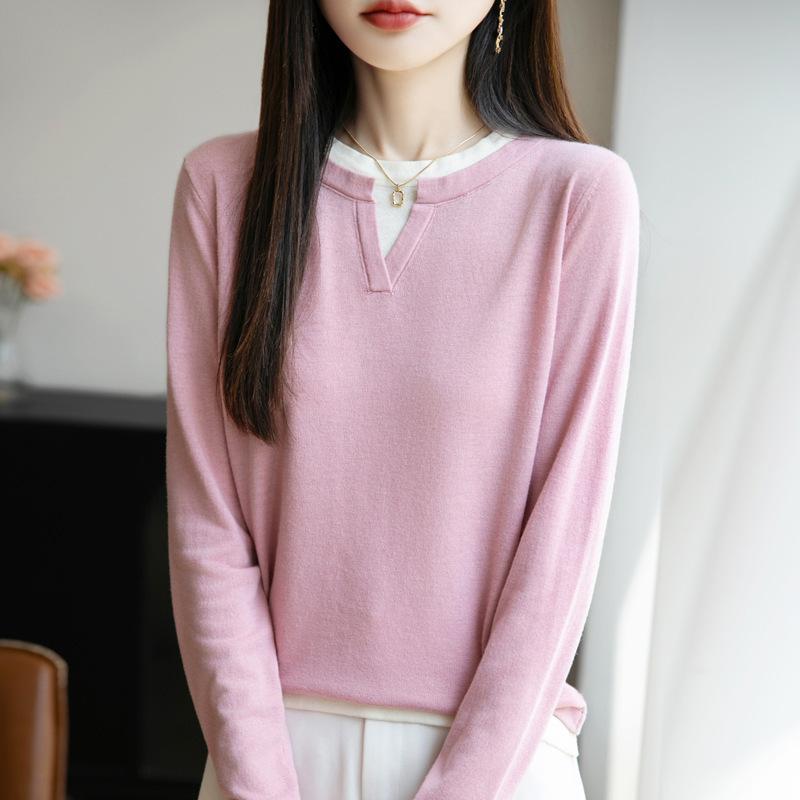 New Autumn and Winter Women's Round-neck Color-blocked Fake Two-piece Base Layer Knitted Sweater Pullover Long-sleeved Sweater