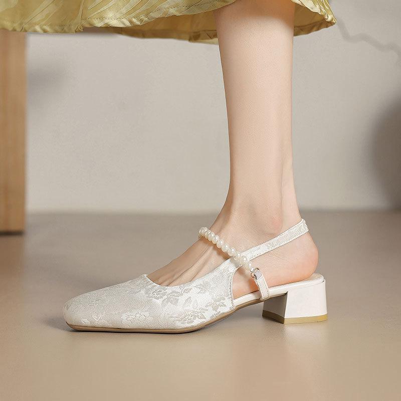 Fairy Wind Square Head Thick Heel with Bag Head Sandals  Summer New Small Fragrant Wind Pearl Mary Jane Shoes