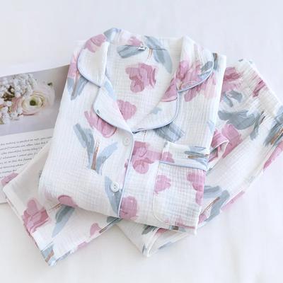 Frühling und Herbst Neues Damen-Pyjama-Set 100% Baumwolle Langärmelige Hose Zweiteiliges Set Cardigan Übergröße Heimtextilien
