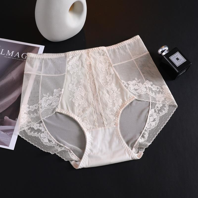 Women's Summer New Chinese Light Luxury Sexy Satin Soft Lace Traceless Breathable Mid Waist Panties