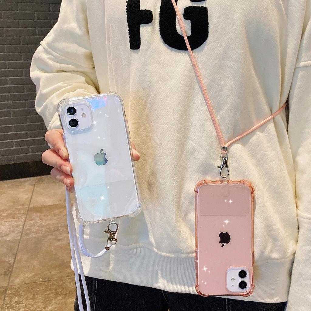 Amazon popular application iPhone12 four corners anti-drop lanyard mobile phone case Apple 11 transparent glitter protective case