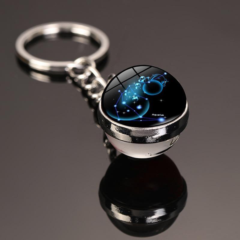 New Starry Sky Twelve Constellations Keychain Time Gemstone Double Sided Glass Ball Metal Keyring Bag Decoration Metal Keyholder