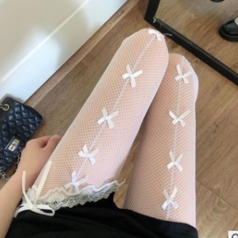 Black White Bow Girls Tights Hollow Out Transparent Slim Fishnet Pantyhose Party Club Mesh Stockings with Bow Tie Summer Socks