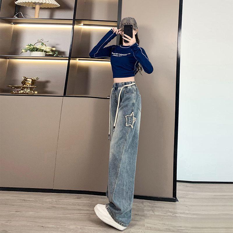 Dames Plus Size Losse Jeans met Hoge Taille en Wijde Pijpen, Slank Makende Student Fit