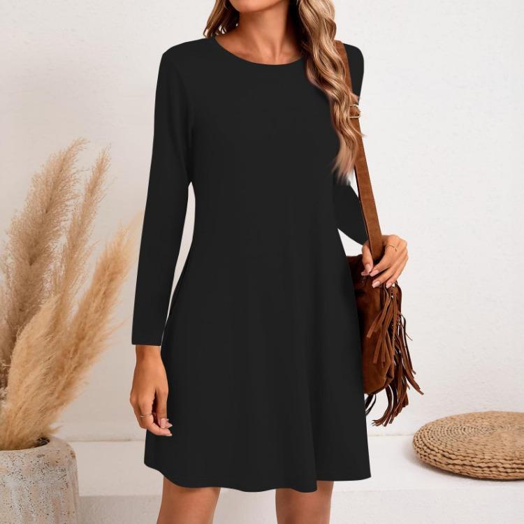 Casual Long Sleeve Side Pocket Dress Women Solid Color Round Neck Fashion