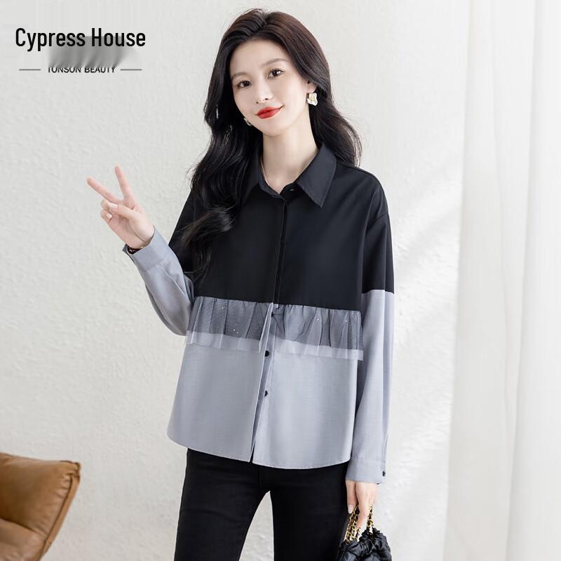 Sibaishi Women s Faux Two-Piece Mesh Patchwork Shirt M