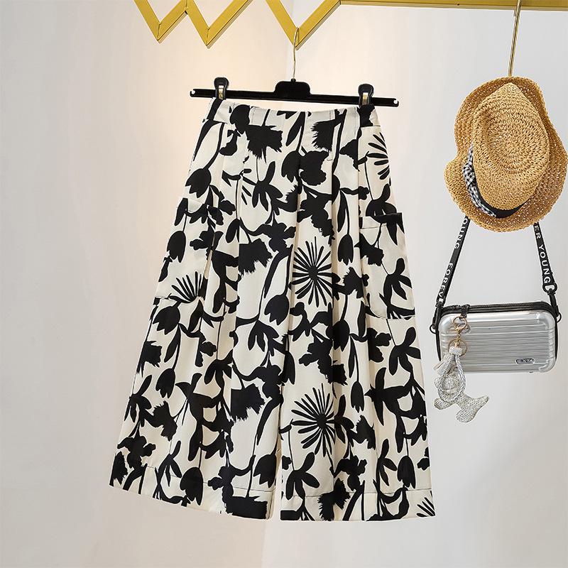 Ladies' Trousers Women's High-waisted Printed Wide Egged Trousers Skirt Summer Seven-minute Trousers Thin Section Loose Large Leg Skirt Trousers