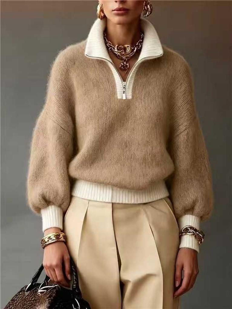 New European and American style half-open zipper turtleneck knitted sweater women's lazy sweater knitted top