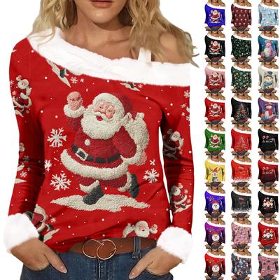Women's Casual Fashion Sexy Off-Shoulder Collar Christmas Pattern Long Sleeve Crewneck T-Shirt Top