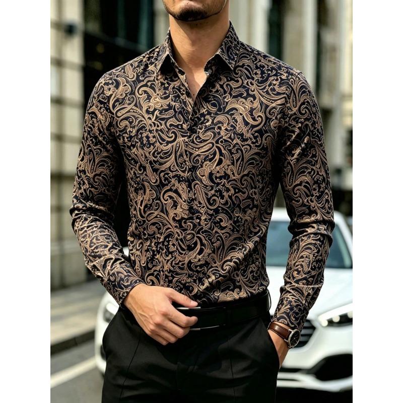 Men's Long Sleeved Cashew Flower Printed Shirt Slim Fit Lapel Shirt Retro Paisley Pattern Business Casual Top