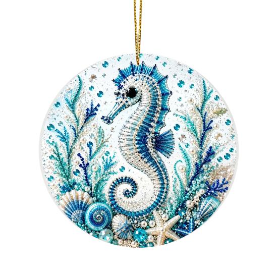 Handcrafted Sea Series Ornaments Ocean Theme Pearl Art Hanging Ornament, 2D Flat Acrylic Coastal Beach Home Decorations Life Suncatcher, Beaded