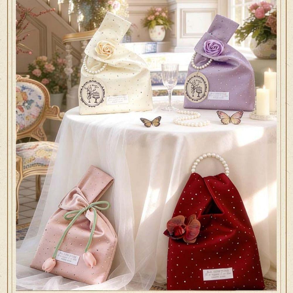 Retro Tulip Wrist Bags Washable Handheld Gift Jewelry Bags Crystal Satin Shining Small Bucket Bags For Girl Lady Women Female