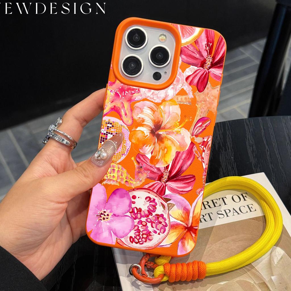 INS Colorful Flower Luxury Phone Chain Lanyard Case For iPhone 17 16 15 14 13 12 Pro Max 11 Plus Shockproof Lichee Pattern Funda