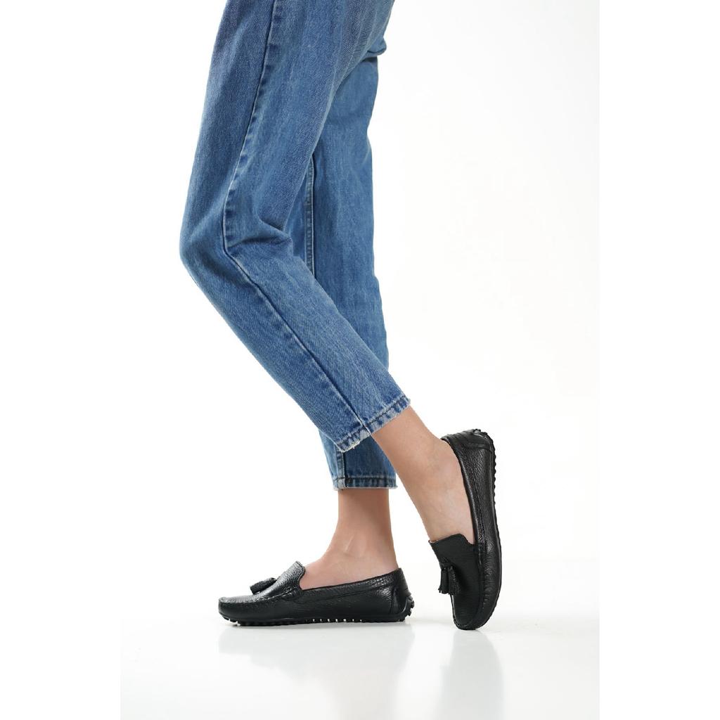 201-bj Genuine Leather Tasseled Oval Toe Women's Beige Ballerinas