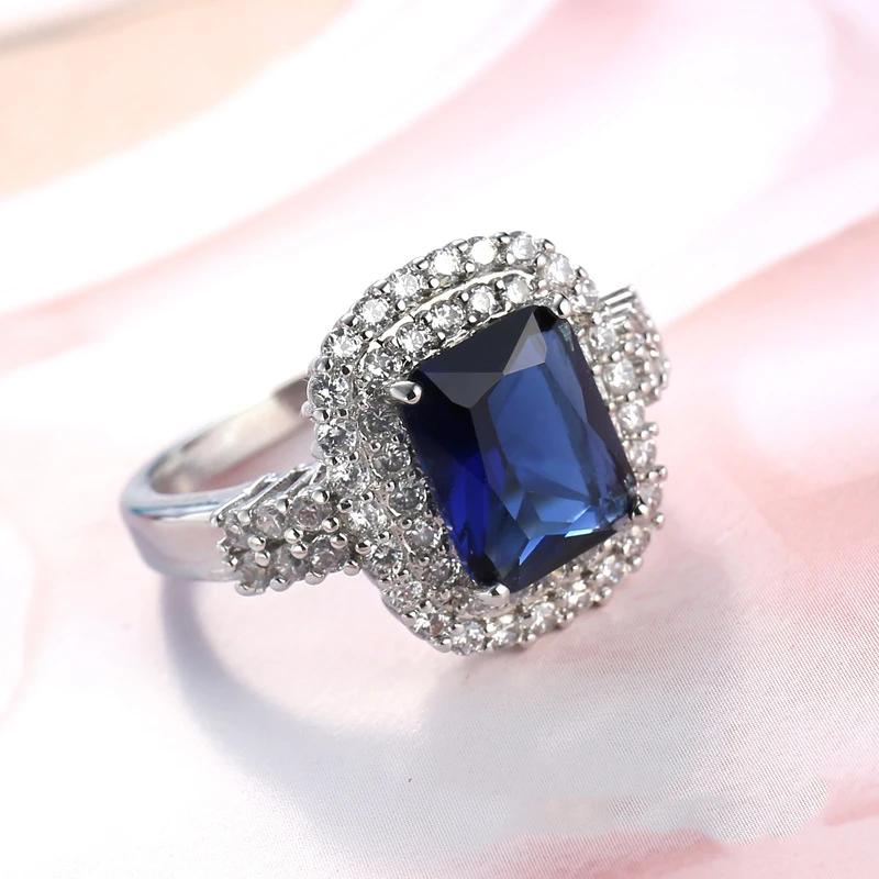 2025 Ny Mode Design Blå Stor Zirkon CZ Zirkonia Stenringar i Sterling Silver för Kvinnor Förlovning Fest Gåva