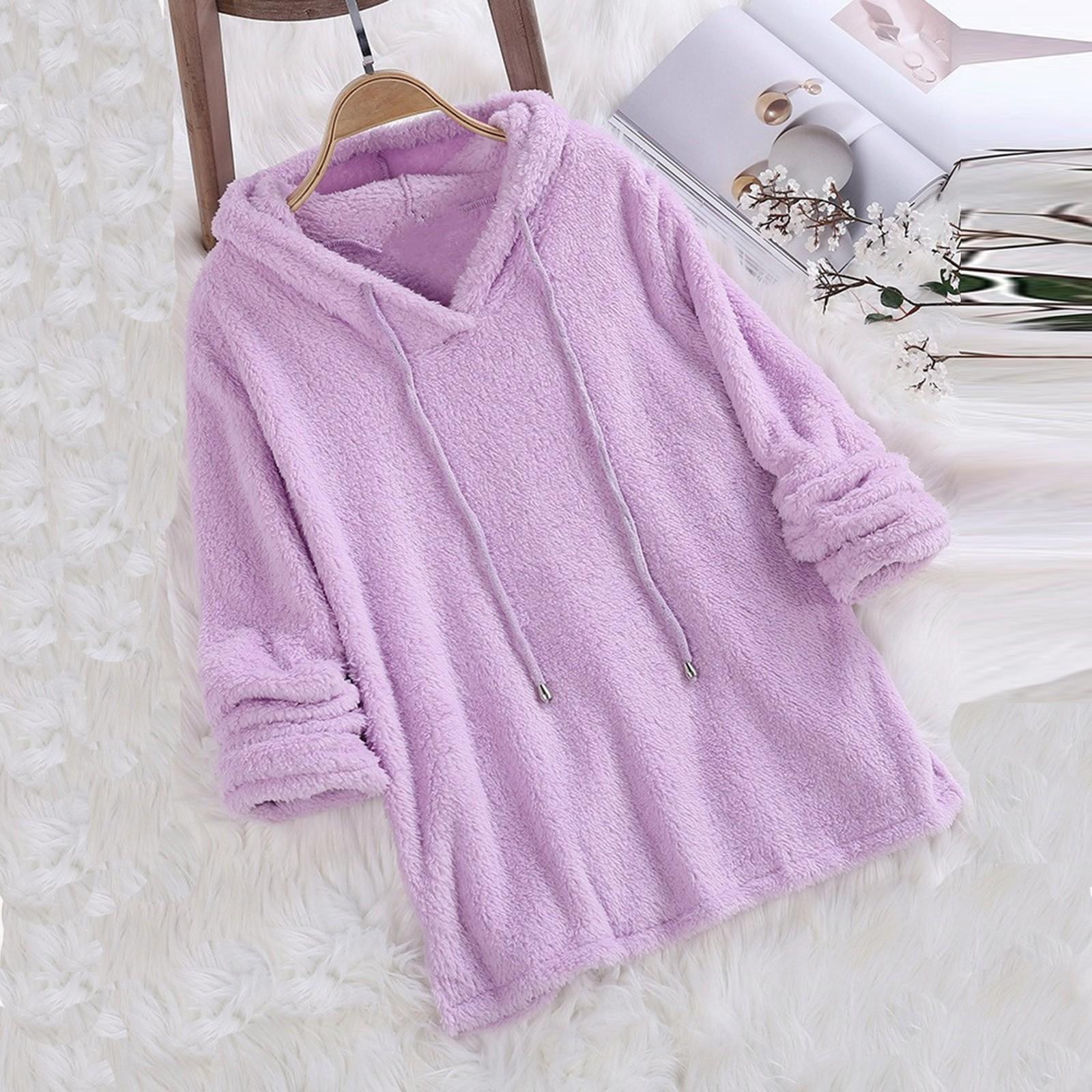 

Женская мода осенне-зимний однотонный флисовый свитер с длинным рукавом и капюшоном XL фиолетовый