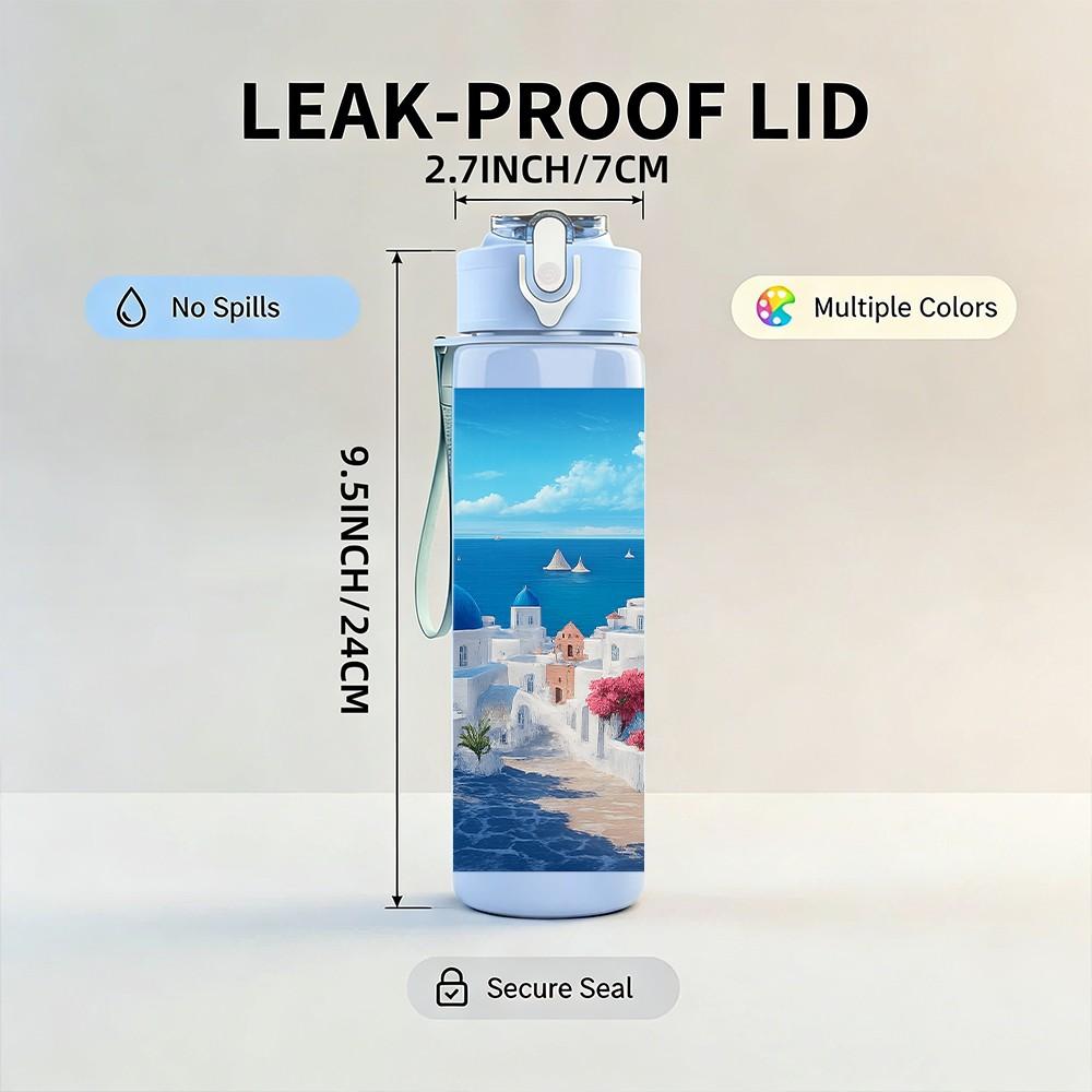 1PC Santorini Blue White Building Print 750ml Color Plastic Sports Water Bottle Leakproof Flip Straw Lid Suitable for Sports Office Home Use