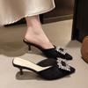 Fashion Shoes Female 2025 Summer New Women’s Closed Toe Slippers Fashion Crystal Square Button Slippers Thin Heels for Daily & Dress