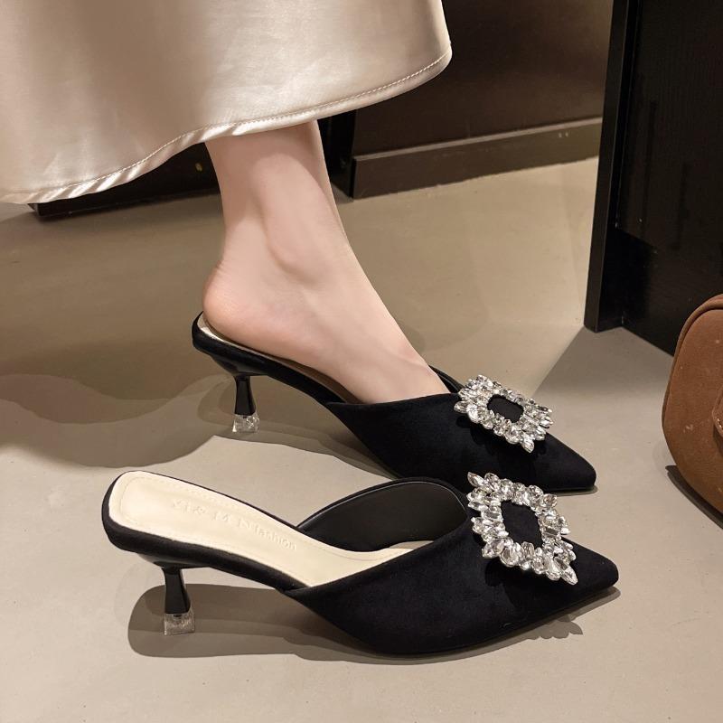 Fashion Shoes Female 2025 Summer New Women’s Closed Toe Slippers Fashion Crystal Square Button Slippers Thin Heels for Daily & Dress