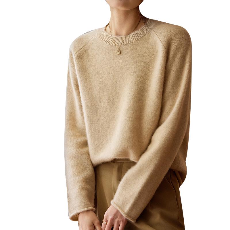 100% Pure Wool Women's Raglan Sleeve Sweater, New Autumn/Winter Style, Round Neck, Pink Base Layer.
