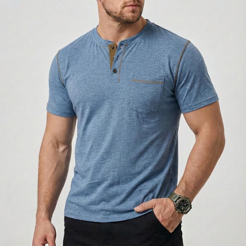 

Мужская футболка-henley с круглым вырезом, коротким рукавом, контрастной отделкой, нагрудным карманом, облегающая, повседневная, винтажная S синий