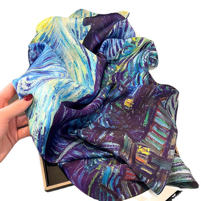 French Van Gogh oil painting navy blue silk scarf women's summer thin versatile mulberry silk 71cm Chinese square scarf scarf