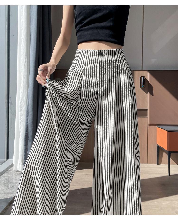 2025 Women s Ice Silk Striped High-Waisted Wide-Leg Pants for Summer 5XL