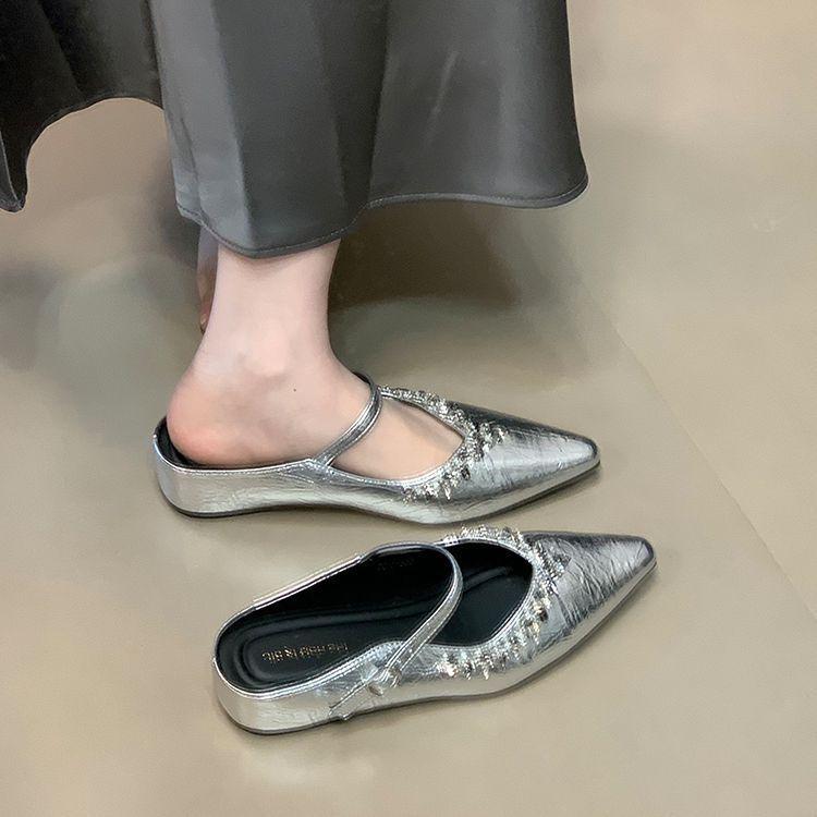 Height-increasing silver bag head slippers 2025 spring new rhinestone one-pedal outer wear pointed single shoes women's platform slippers