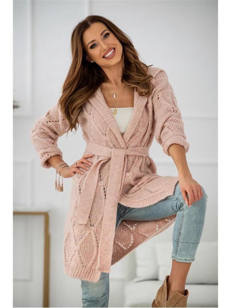 Women's Plus Size Knitted Hoodie Cardigan with Belt - Long Sleeve, 8 Color Options, 2024 Collection