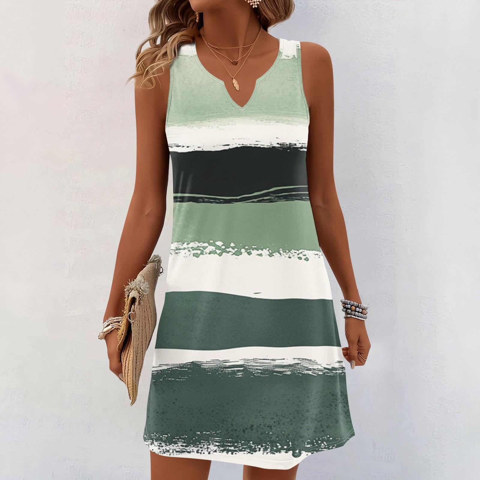 

Женские летние платья с V-образным вырезом и принтом без рукавов Сарафан Повседневное платье XL зелёный