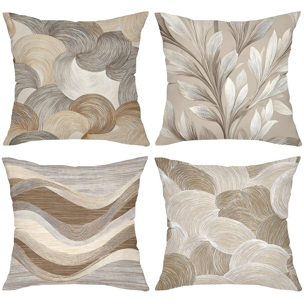 Set Of 4 Neutral Tone Abstract Floral Wave Throw Pillow Covers Pattern Cushion Cover Suitable For Sofa Bedroom Car Pillow Cover