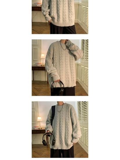 Men's Cable Knit Crew Neck Sweater, Loose Fit, Retro Hong Kong Style, Trendy Casual Knitwear for Autumn and Winter.