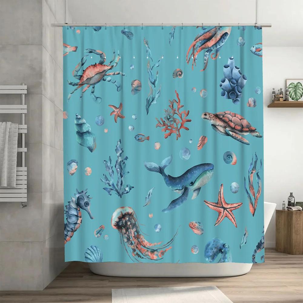 Vibrant Underwater Life Shower Curtain Set Blue Seaweed Marine Animal Pattern for Bath Decor 3D Printed Waterproof Shower Cloth