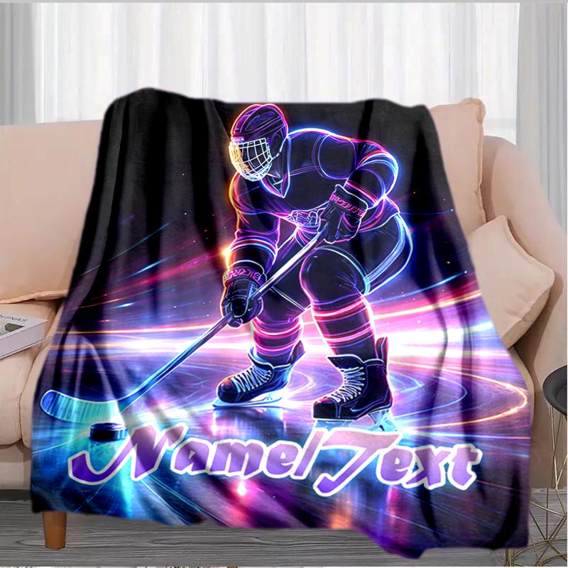 1PC Custom Name Neon Hockey Player Art outdooor Flannel blankets Throw Blanket All-Season Throw Gift Bedspread for Couch, Bed, Camping Holiday Birthda