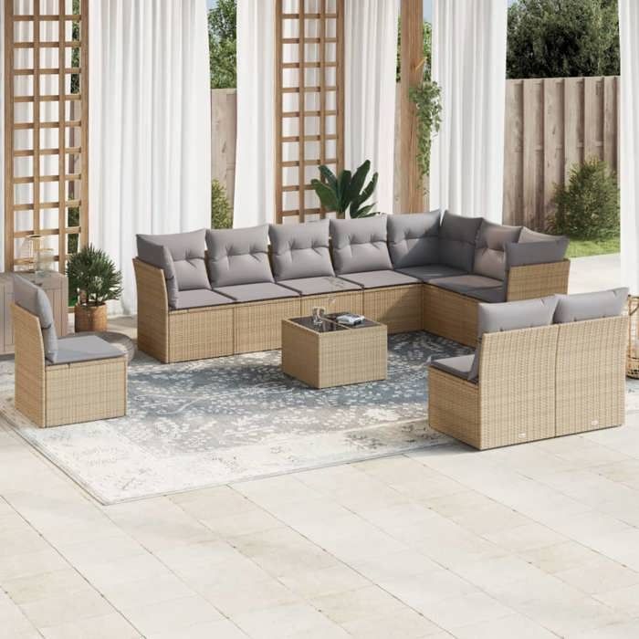 VidaXL Garden Lounge Set 11 Pcs with Beige Cushions Wicker 3217809