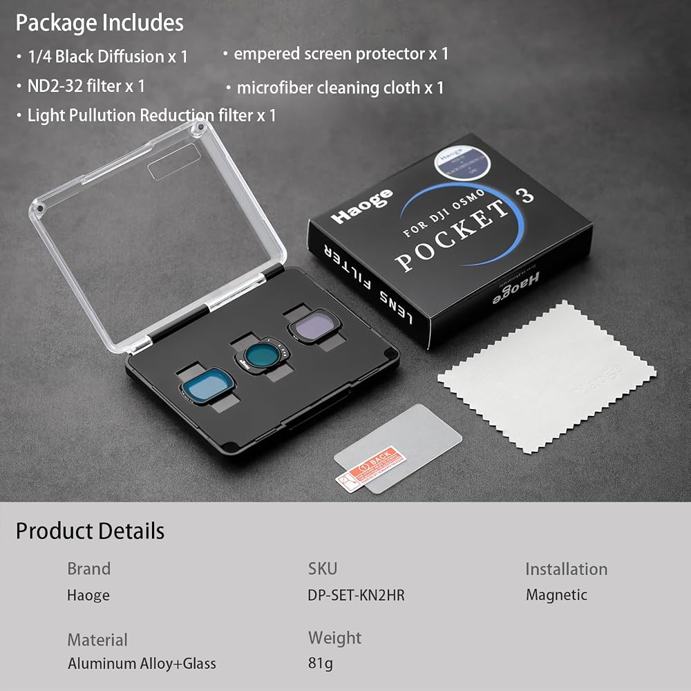 Haoge DJI Osmo Pocket 3 için Manyetik Filtre Seti, 1/4 Siyah Difüz, Işık Darbesi Azaltma Filtresi, Değişken ND 2-32, LCD Ekran Koruyucu ve içerir